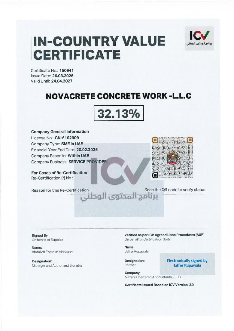 NovaCrete In-Country Value certificate