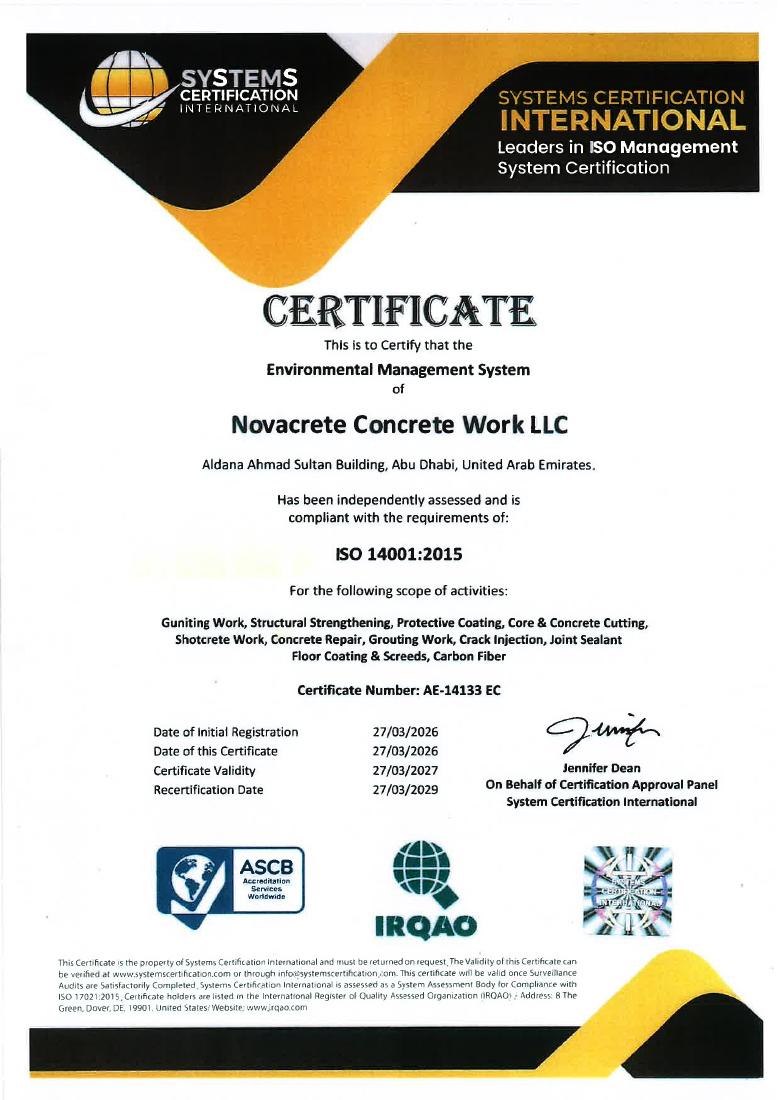 NovaCrete ISO 14001:2015 environmental management certificate