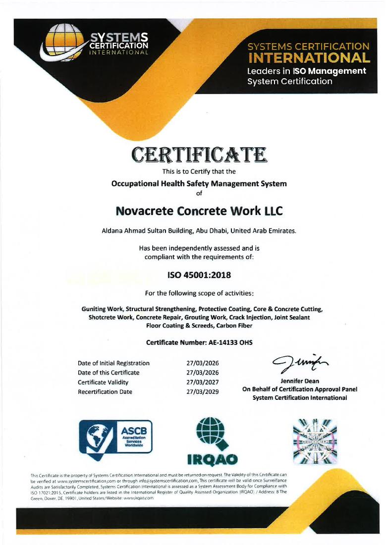 NovaCrete ISO 45001:2018 occupational safety certificate