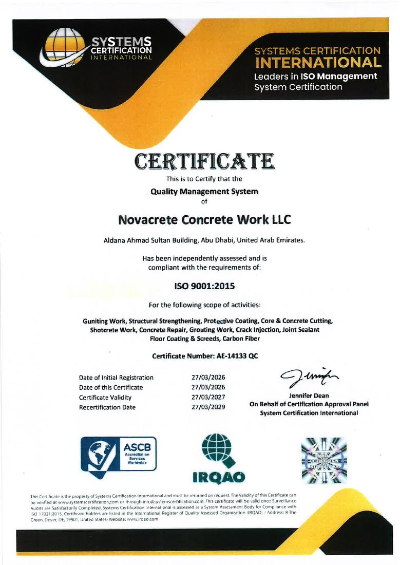 NovaCrete ISO 9001:2015 quality management certificate